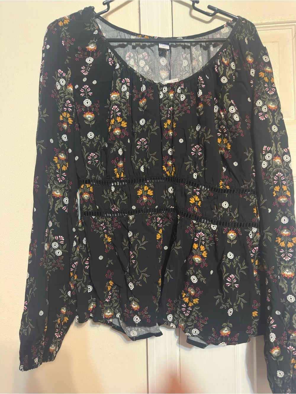 Old Navy Black Floral Peasant Blouse with Multicolor Blooms